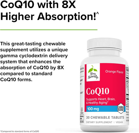Terry Naturally CoQ10 Chewables | 100 mg, 30 Easy Chew Tablets | 8X Higher Absorbing CoQ10 for Energy & Health