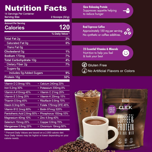 Click Coffee Protein Drink, Mocha Flavor, All-in-One Meal Replacement, 23 Essential Vitamins, Double Shot Espresso,