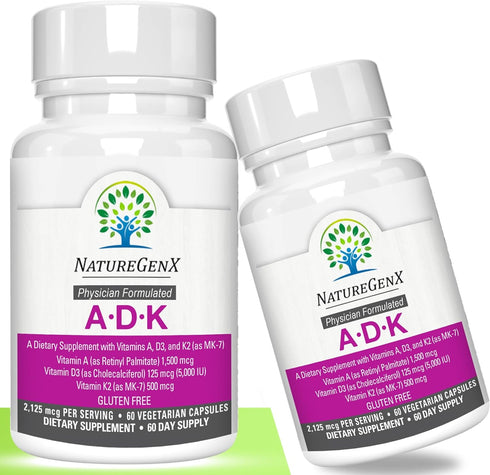 ADK Vitamin Supplement - Enhanced Bone Health with High Potency Vitamins A, D3, K2, 60 Capsules (Pack of 2)
