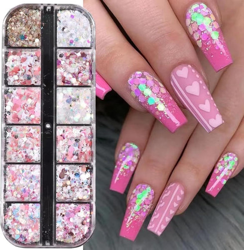 12 Grids Nail Art Glitter Sequins, Holographic Hexagon Chunky Nail Glitter for DIY Acrylic Nails Decoration