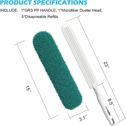 Microfiber Duster, Feather Duster, Dusters for Cleaning, Washable Dusters with Reusable Microfiber Head, Feather Dusters for Cleaning Cobweb, Blinds, Furniture, Cars-Green by EHOMGUI