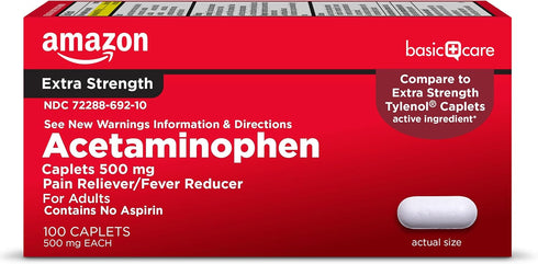 Amazon Basic Care Extra Strength Pain Relief, Acetaminophen Caplets 500 mg, 100 Count