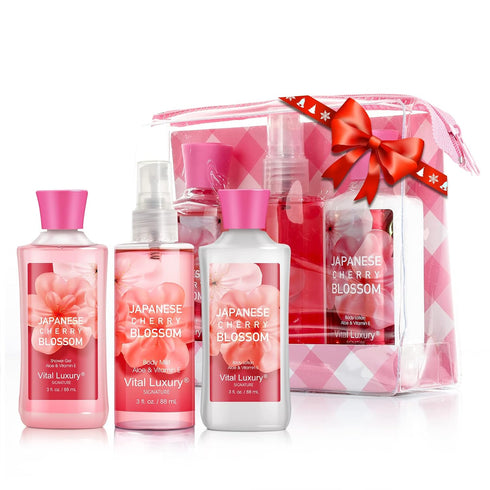Bath & Body Care Travel Set - Home Spa Set with Body Lotion, Shower Gel, and Fragrance Mist (Japanese Cherry Blossom)