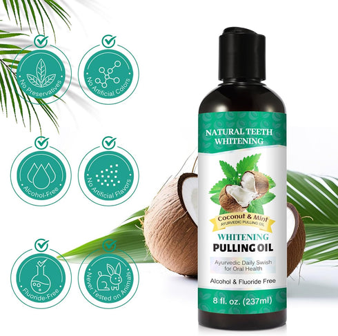 Coconut Mint Oil Pulling, 2 Pack Whitening Mouthwash for Teeth and Gums with Tongue Scraper & Measuring Cup