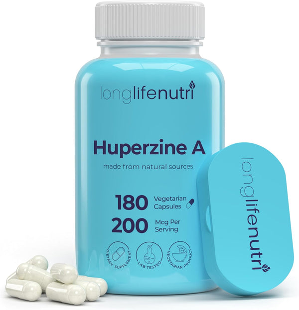 Huperzine A 200mcg, from Huperzia Serrata Leaf, 180 Vegetarian Capsules, Natural Brain Nootropic for Focus, Memory,