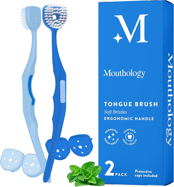 Soft Bristle Tongue Brush for Adults (2 Pack), Ergonomic Handle & Protective Cap, Improve Oral Hygiene & Reduce Bad