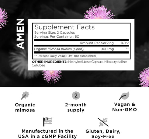 Amen Organic Mimosa Pudica Seeds Capsules, Vegan Plant Supplement, 120 Capsules, 2 Month Supply