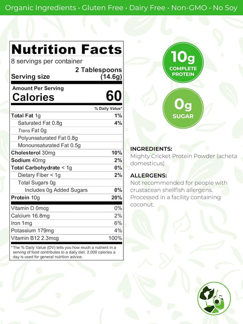 100% Pure Cricket Flour Powder - High Protein, Gluten Free + Dairy Free, 1/4 Lb