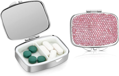 Soleebee Bling Crystal Pill Box, Portable 2 Compartments Daily Organizer, Small Travel Pill Case for Purse or Pocket