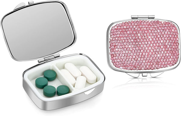 Soleebee Bling Crystal Pill Box, Portable 2 Compartments Daily Organizer, Small Travel Pill Case for Purse or Pocket