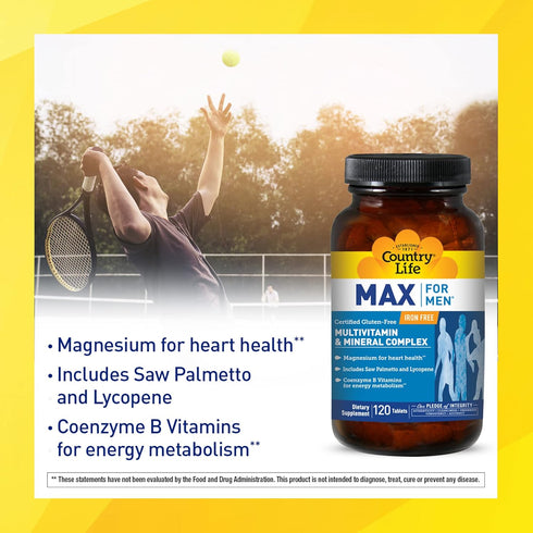 Country Life Max for Men Multivitamin: Iron-Free, 120 Vegetarian Tablets for Energy, Heart & Men's Health