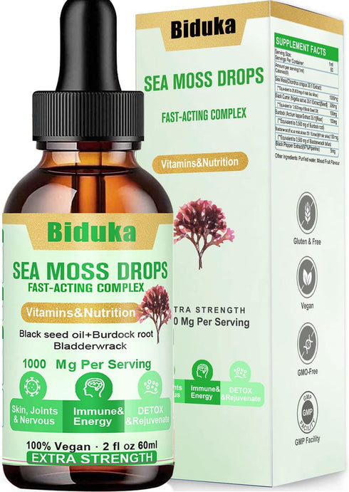 1000mg Irish Sea Moss Drops with Black Seeds Oil, Bladderwrack, Burdock Root, Vitamin C and Zinc - 98 Essential