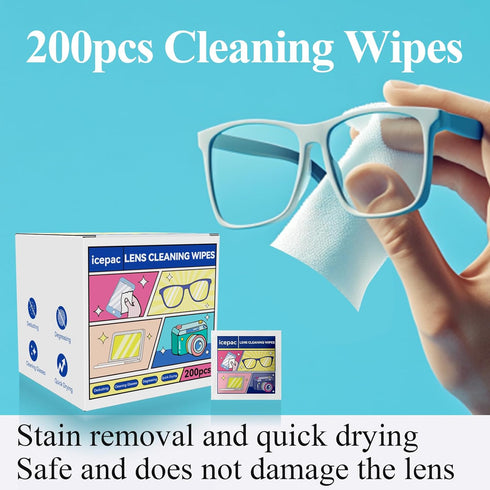 icepac (white-200) Glasses Wipes Lens Cleaner- -Moistened Individual Wrapped Eye Glasses Cleaning Wipes | Glasses