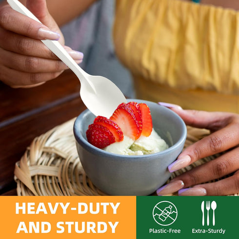 100% Compostable Disposable Spoons - 150pcs Heavy Duty Eco-Friendly Cutlery, Ivory White