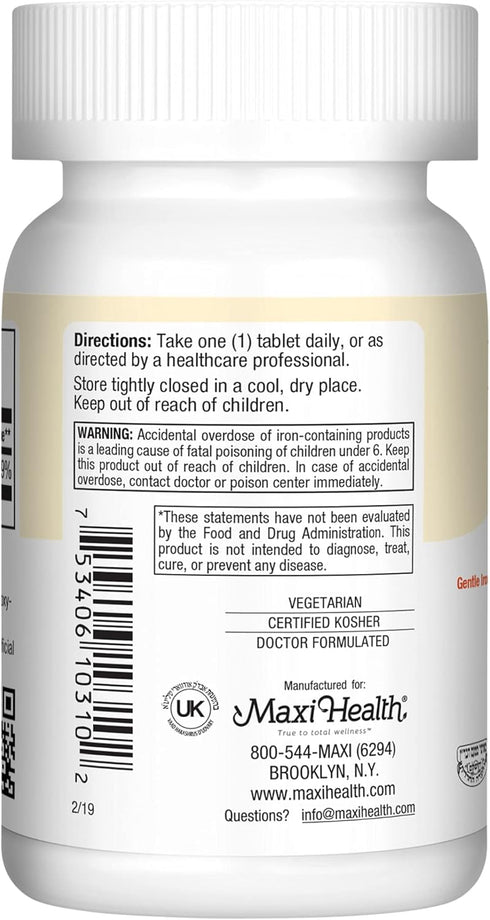Maxi Health Iron Supplement for Women & Men, Gentle Iron 25 mg, Non-Constipating, 100 Tablets
