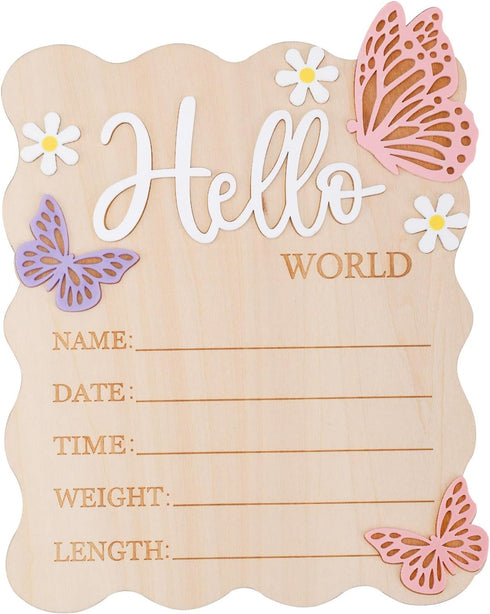 lasuroa Butterfly Daisy Hello World Newborn Sign, Wooden Baby Birth Announcement Board Newborn