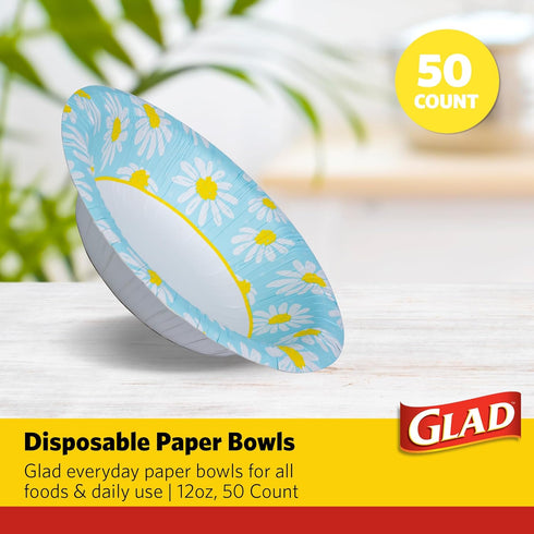 Glad Everyday Disposable Paper Bowls with Lovely Daisies Design| Cut-Resistant, Microwavable Paper Bowls for All Foods & Daily Use | 12 oz, 50 Count