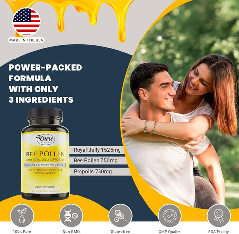 Immune 120 Pure By Nature Bee Pollen Supplement with Propolis & Royal Jelly for Support, Antioxidant Properties