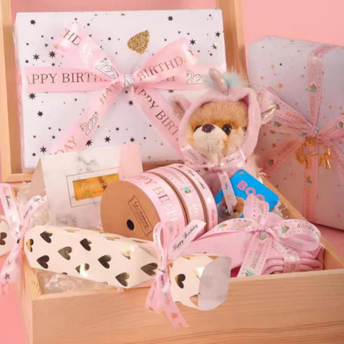 Happy Birthday Ribbon 2 Rolls, 1.5cm Satin Gift Wrap Ribbons for Bouquet, DIY Flower Birthday Wrapping, Party Supplies