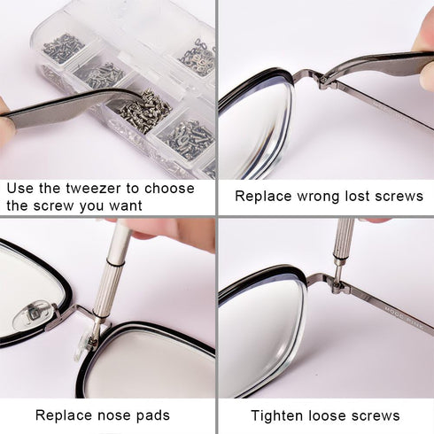 1100Pcs Eyeglasses Repair Kit - Tiny Sunglasses Screws, Nose Pads, Micro Screwdriver & Tweezer
