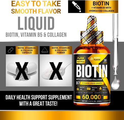 PURE RESEARCH Liquid Biotin & Collagen Hair Growth Drops, 60,000mcg, 2oz - Biotin & Liquid Collagen Supplement