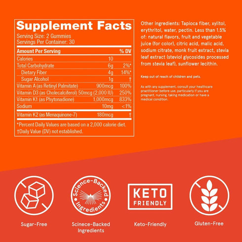 Bulletproof Sugar-Free Orange Strawberry Vitamins A+D+K Gummies - 60 Count, Keto Supplement for Heart & Immune Support