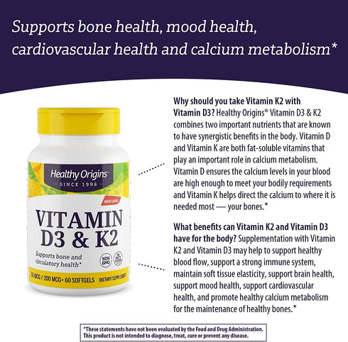 Healthy Origins Vitamin D3 & K2 Supplements, 50 mcg D3, 200 mcg K2, Non-GMO & Gluten-Free, 60 Softgels