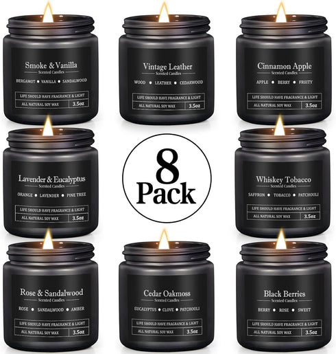 Men's Aromatherapy Gift Set - 8 Scented Candles with Manly Scents (Leather, Smoke, Oak) in Black Candle Jars, Perfect