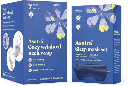 ASUTRA Navy Silk Eye Pillow and Plush Gray Weighted Neck Wrap Bundle Set - 2 Products, Weighted Eye Mask Filled with