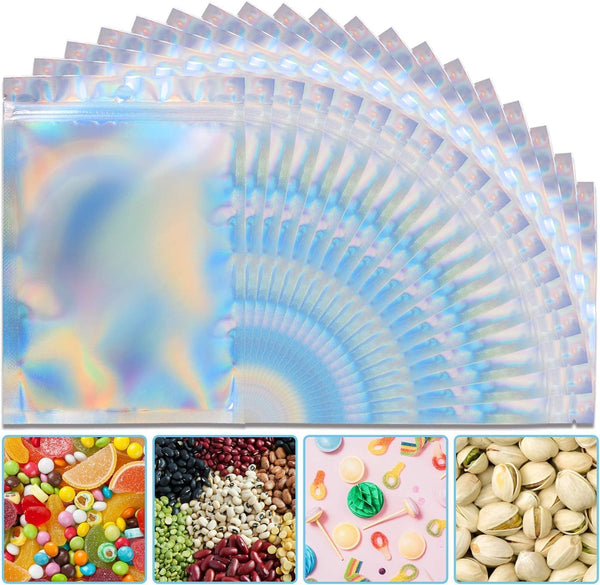 ANZNKU 50 Pack Holographic Bags, 5" x 7" Resealable Small Baggies, Foil Pouch Rainbow Color Packaging Bags for Small