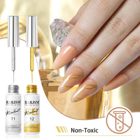 RARJSM Gel Liner Nail Art Polish Set, Silver Gold Glitter Nail Design, 2Pcs Soak Off Curing, 8ml