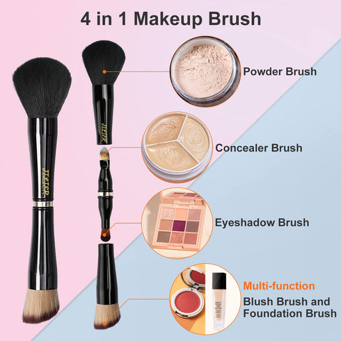 Travel Makeup Brushes with Case, 4 in 1 Makeup Brush Set, Powder Brush, Foundation/Blush Brush, Eyeshadow Brush, Concealer Brush, Double Ended Makeup Brush Ideal for Liquid, Cream, Powder