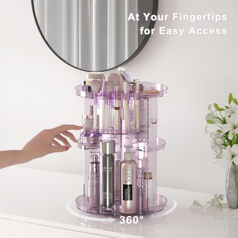Rotating Makeup Organizer for Vanity, Adjustable Spinning Tray, Cosmetic Display Case with Brush Holder & Perfume Tray