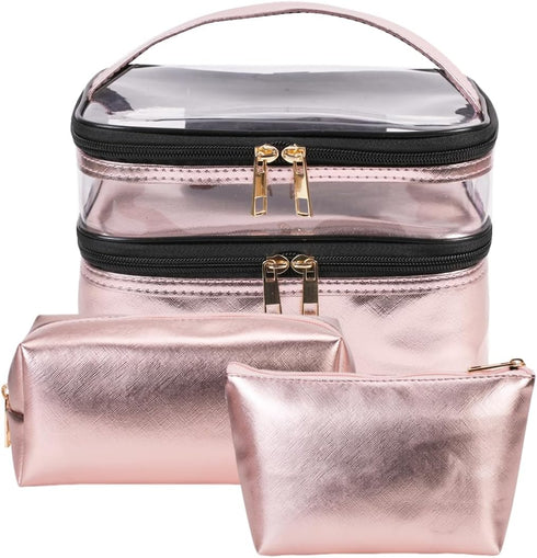 FITINI 3 Pieces Makeup Bags, Double Layer Travel Large Cosmetic Cases, Waterproof Small Zipper Pouch for Women