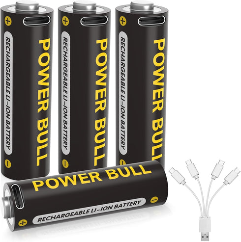 USB AA Lithium Rechargeable Batteries, 1.5V 3600mWh Over 1000 Cycles with 4-in-1 Charging Cable, 4-Pack