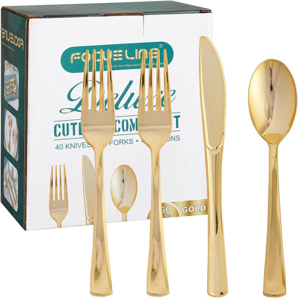 FOCUSLINE 160 Pack Gold Plastic Silverware Set, 80 Gold Forks, 40 Gold Knives, 40 Gold Spoons for Parties