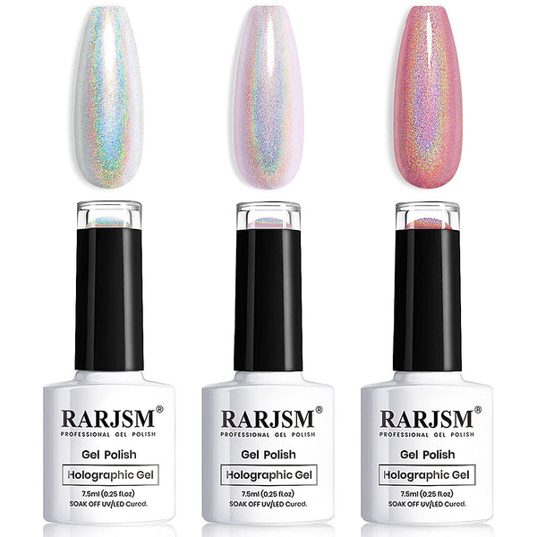Holographic Nail Polish Set 3PCS, Rose Gold Silver Red Gel Polish Kit with Glitter Mermaid Unicorn Effect for Nail Art
