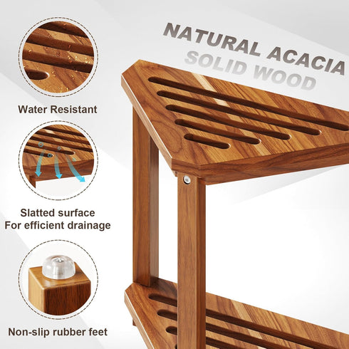 Kzeirm 14" Corner Shower Stool for Inside Shower, Shower Foot Rest Stool for Shaving Legs, Acacia Wood Corner Shower