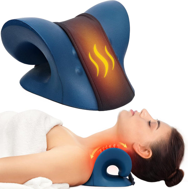 Neck Stretcher Heated Cervical Traction Device Pillow with Graphene Heating Pad for Neck Pain Relief (Dark Blue)