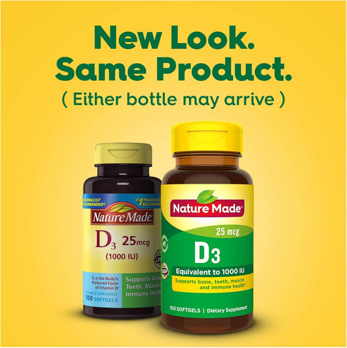 Nature Made Vitamin D3 1000 IU (25 mcg), 100 Softgels, Dietary Supplement for Bone, Teeth, Muscle & Immune Health