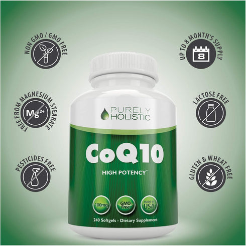 Purely Holistic CoQ10 100mg - 240 SoftGels, 8 Month Supply, Ubiquinone Supplement with Organic Olive Oil