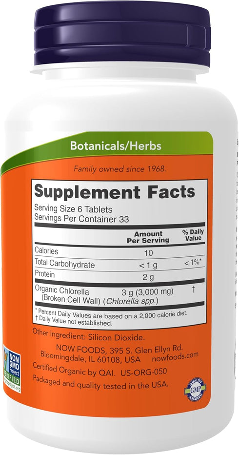 NOW Supplements, Organic Chlorella 500 mg with naturally occurring Chlorophyll, Beta-Carotene, mixed Carotenoids, Vitamin C, Iron and Protein, 200 Tablets