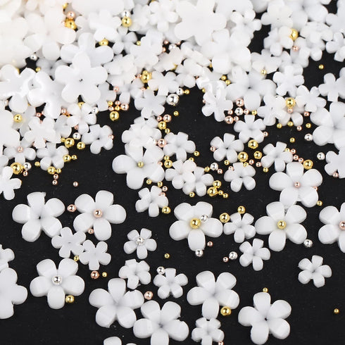 Nail Charms, 1000Pcs 3D Flower Design, White Acrylic, Metal, Pearl, Mixed Sizes for Women Nail Decorations