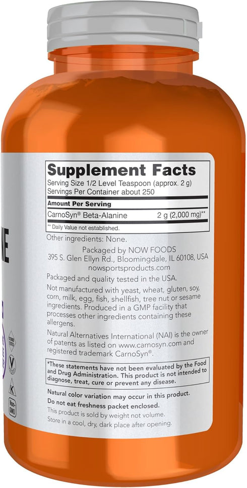 NOW Foods Sports Nutrition Beta-Alanine Pure Powder, 2,000 mg, 500 Grams