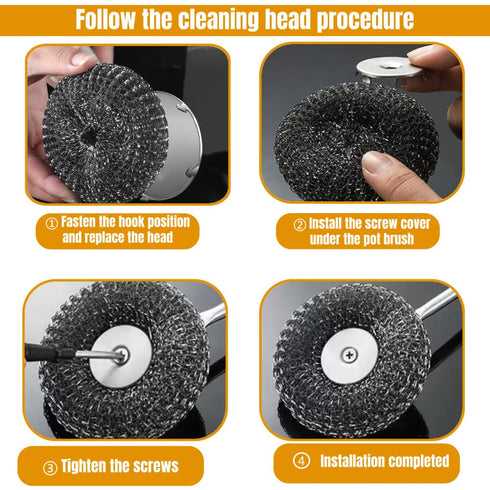 Yajouwin 7Pcs Set 1 Brushes,1 Brushes,4 Pads,1 Steel Wool Scrubber with Handle: Stainless Steel Scrubber Brush Long