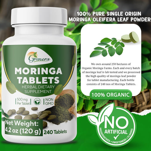 Grenera Moringa Tablets 240 nos, Uncoated Herbal Supplement, Green Superfood, Lab Tested for Purity