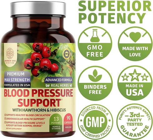 2-Pack N1N Premium Blood Pressure Support with Hawthorn & Hibiscus - Natural Supplement for Cardio Health, 180 Caps