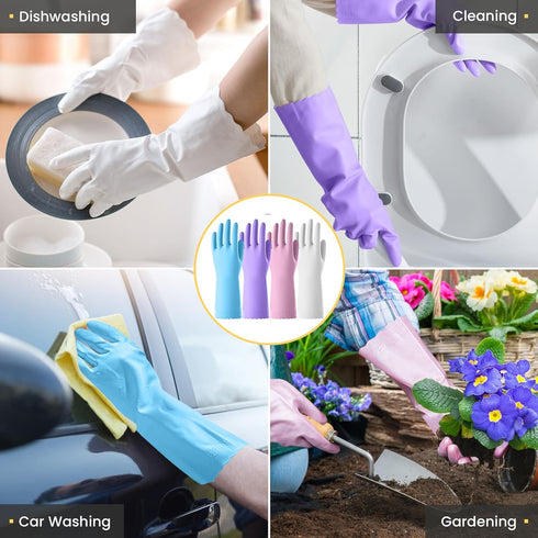 Rubber Kitchen Dishwashing Gloves, 4 Pairs Reusable Household Cleaning Gloves with Cotton Liner