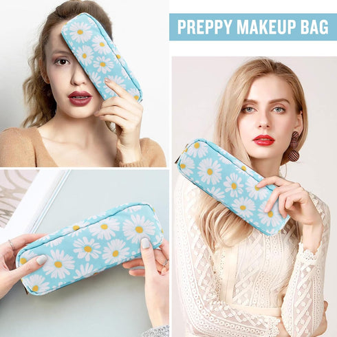 Nylon Small Floral Makeup Bag, Waterproof Slim Pouch for Women, Cute Zipper Pouch for Travel Toiletry and Coin