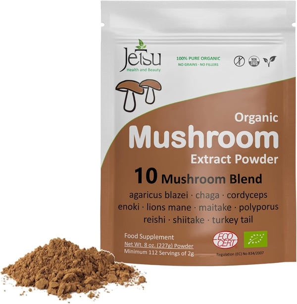 Mushroom Extract Powder - Powerful 10 Blend, Organic Lions Mane, Cordyceps, Reishi, Shiitake, Turkey Tail Mushrooms for